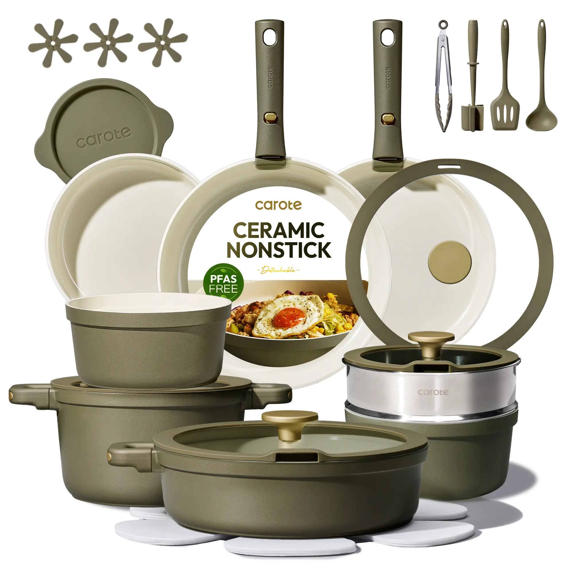 [Official]Carote 28pcs Olive Green Ceramic Cookware Set with Detachable Handles, Pots and Pans Set Non Stick, RV Kitchen Cooking Pot and Pan, Lid, Frying, Induction