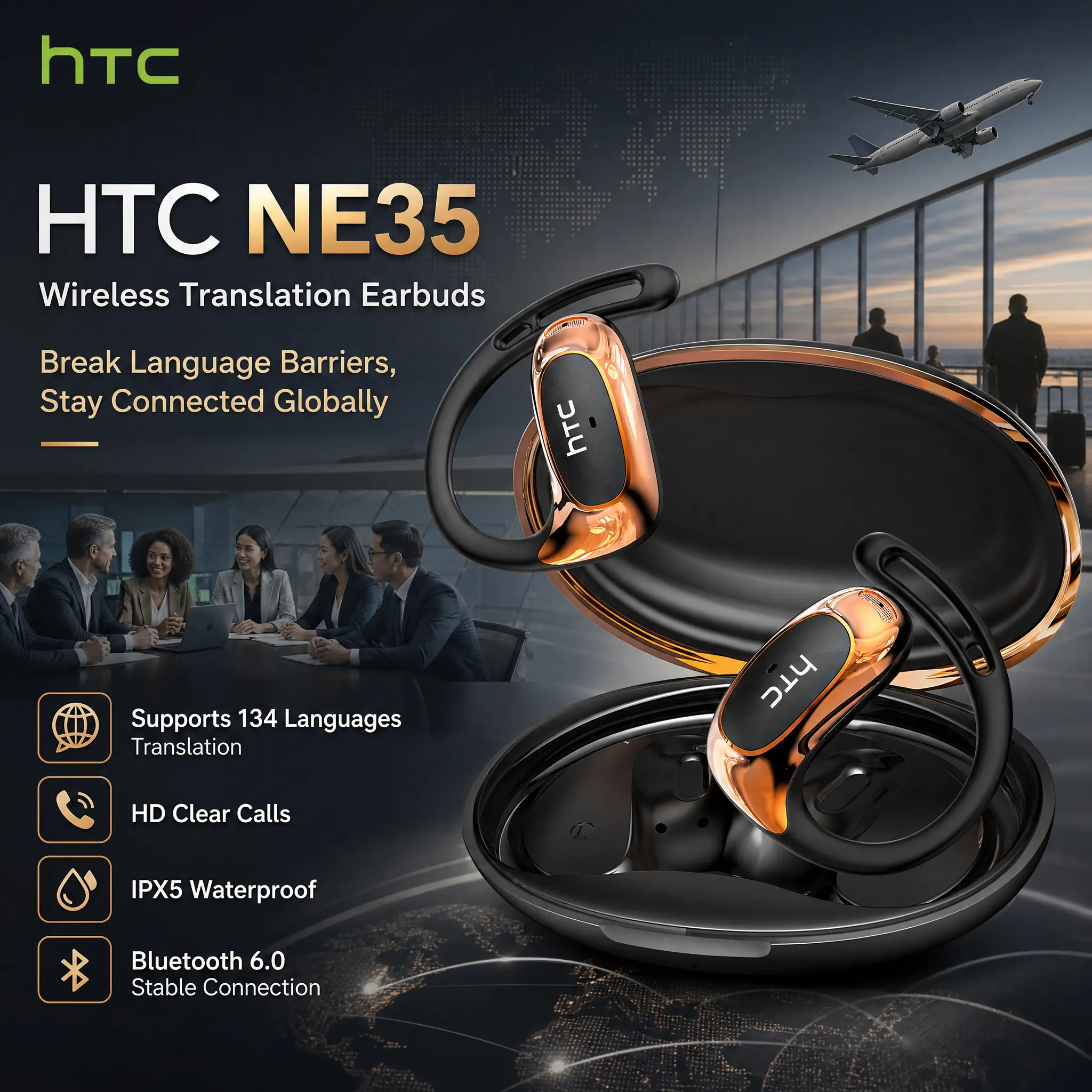 HTC NE35 Open-Ear Wireless Bluetooth Earbuds – Translator Headset with 134 Languages via APP, Bluetooth 6.0 Headphones for Music & Calls, IPX5 Waterproof Long Battery Life Sports Earbuds