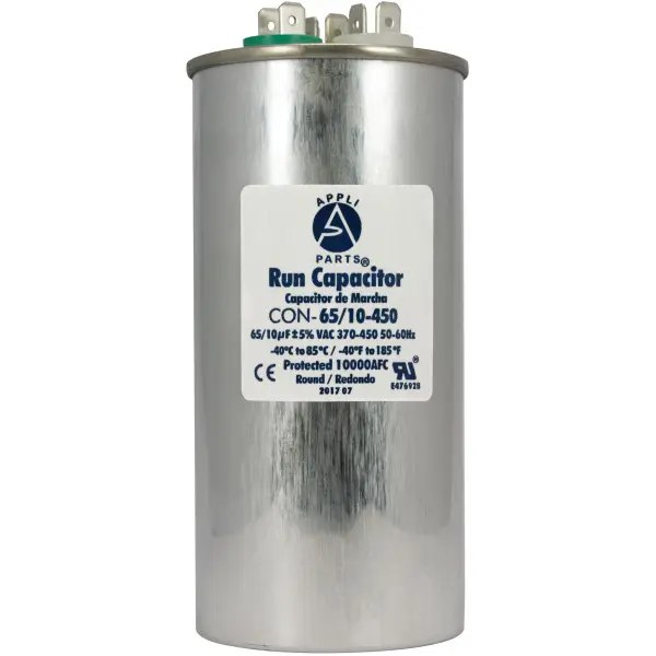 Appli Parts Dual Run Capacitor for ac 65+10 Mfd uF (microfarads) 370VAC or 450VAC CBB65 Round Universal fit for hvac and other applications 5-1/4 in High 2-1/4 in Wide CON-65/10-450