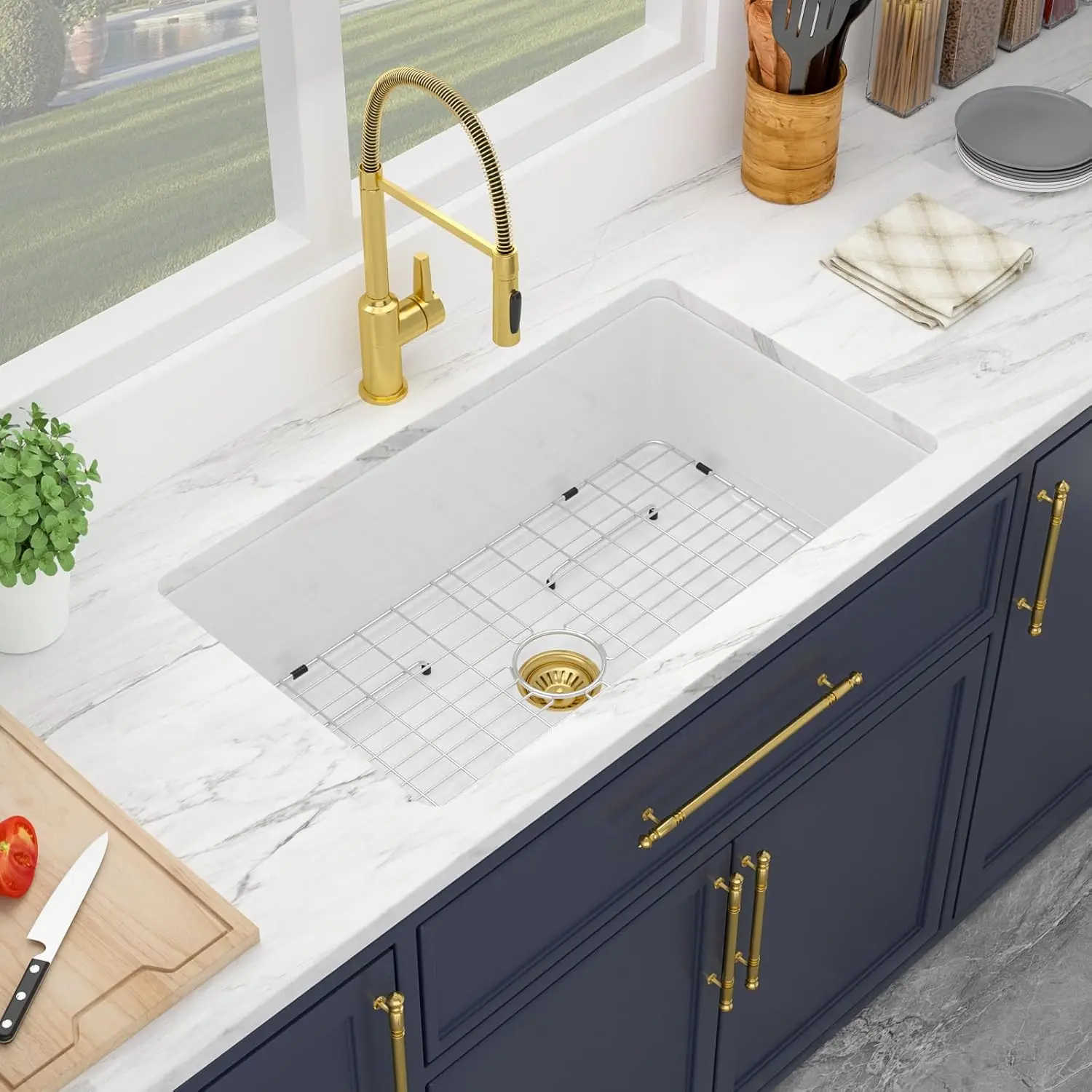 Kichae 32 Inch White Undermount Sink Fireclay 32x19 Inch White Kitchen Sink Dual Drop in & Undermount Kitchen Sinks Single Bowl Deep Porcelain Ceramic Sinks