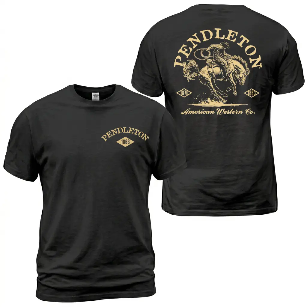 Pendleton American Western Co T-Shirt, Western Rodeo Cowboy Graphic Tee With Roping Horse Rider Back Print, Front Chest Pendleton 1863 Logo Shirt, Ranch Apparel Gift for Men and Women