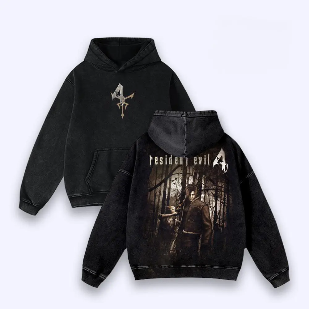 Resident Evil 4 Leon Kennedy Vintage Wash Hoodie, Dark Forest Graphic T-Shirt, Survival Horror Gamer Streetwear, RE4 Remake Aesthetic, Acid Wash Mineral Oversized Sweatshirt, Las Plagas Symbol Top, Unisex Cotton Apparel