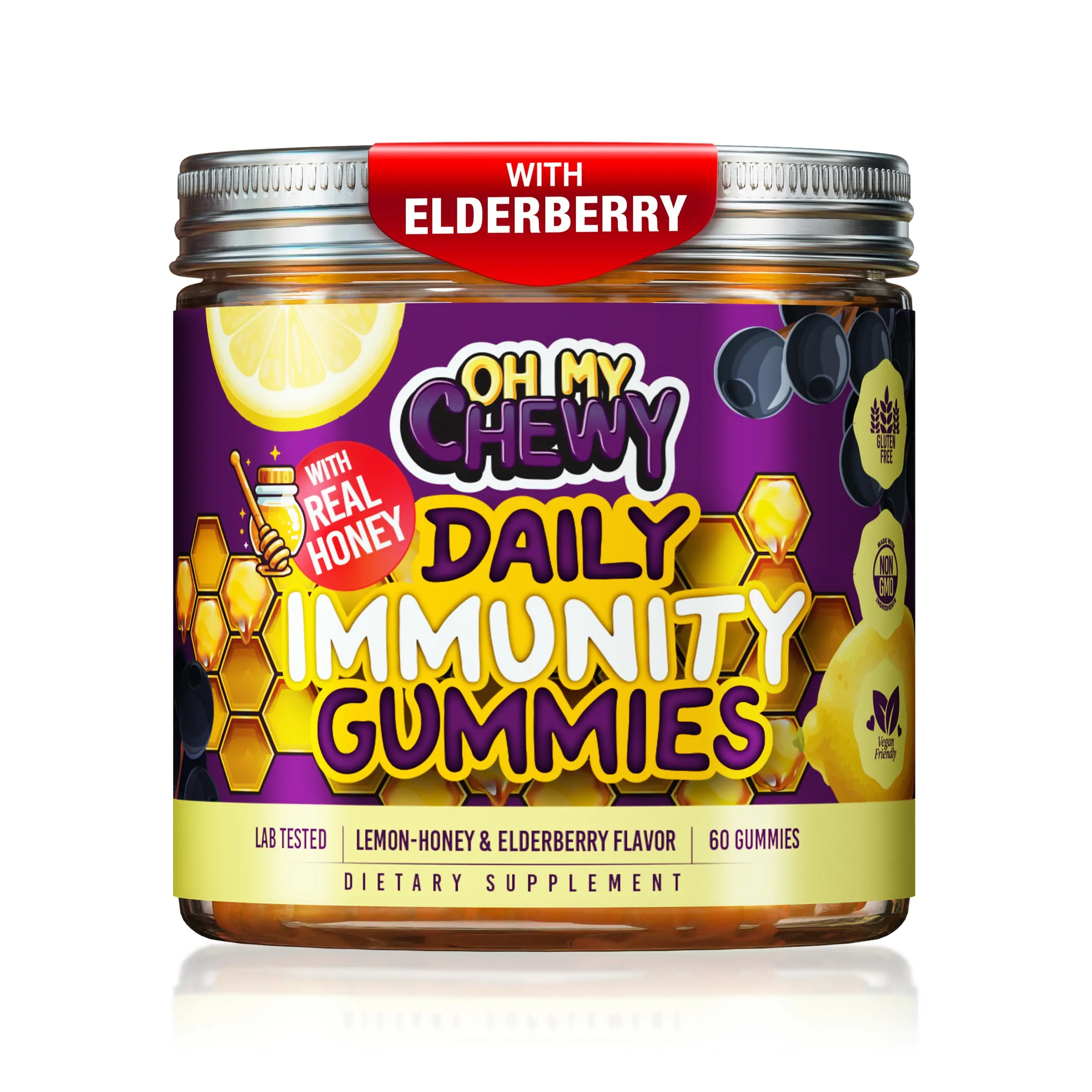 OH MY CHEWY Center-Filled Elderberry Gummies Natural Dietary Supplement - Immunity Support with Real Honey, Vitamin C, Echinacea, Zinc, Lemon-Honey Flavor - 60 CT for Kids & Adults, Gluten Free, Dairy Free
