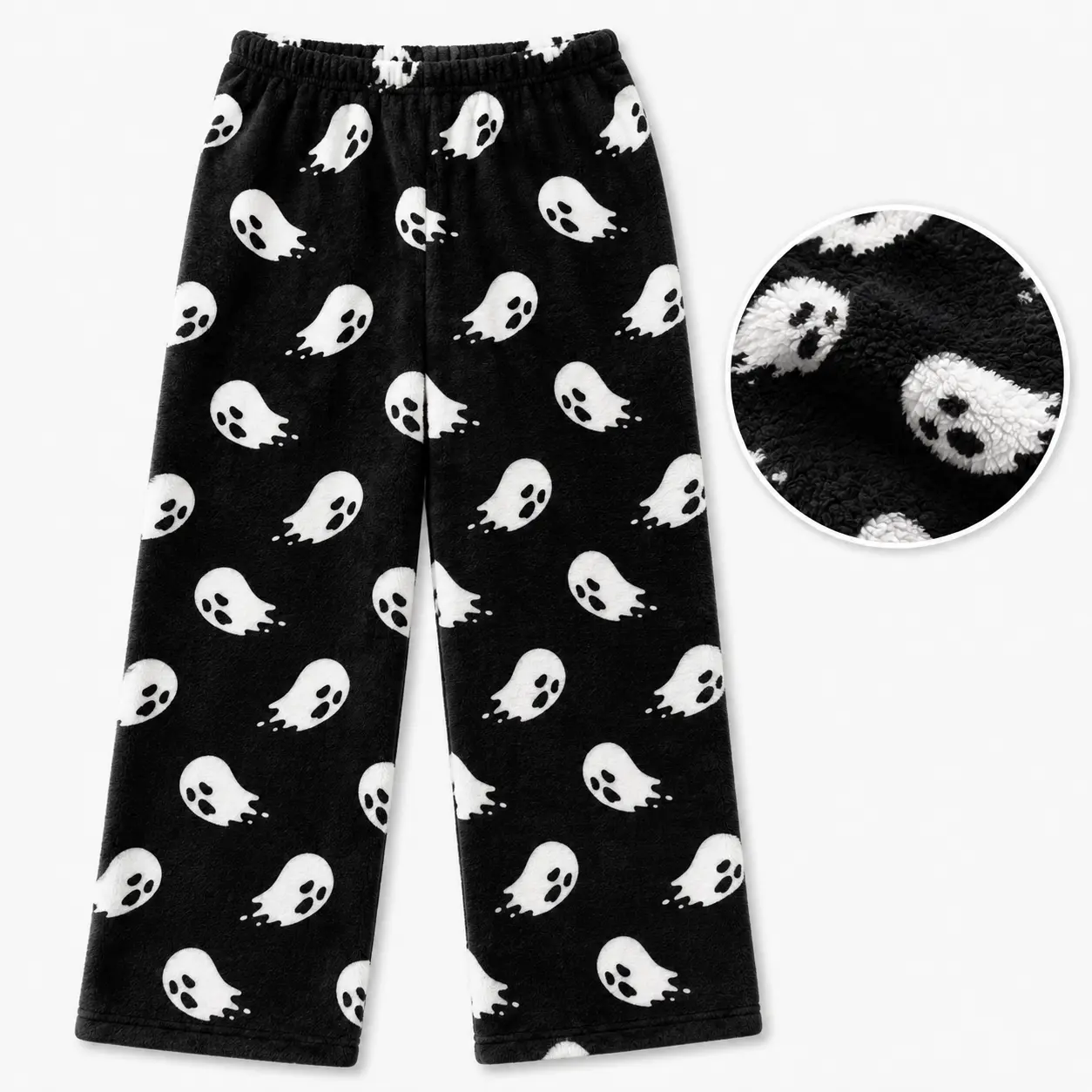 Ghost Halloween Fleece Pajama Pants for Men & Women, Cute White Ghost Print Cozy Lounge Pants, Soft Warm Wide Leg Sleepwear, Spooky Fall Matching Pajamas