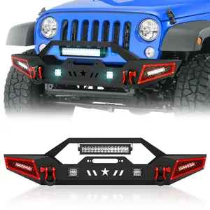 【EYOUHZ】Front Bumper Compatible with 2007-2026 Jeep Wrangler JK JL JKU JLU Unlimited & Gladiator JT 2/4 Doors with Winch Plate, 5 x LED Lights, Paintable Armor, D-rings
