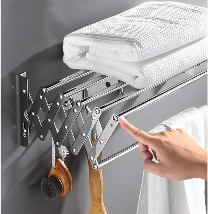Stainless Steel Wall-Mounted Folding Laundry Hanging Rack - Secure, Durable Metal Dryer with Triangular Profile, Retractable Off-the-Ground Design, Adjustable Towel Rack, Adjusts to Your Wall, Easy Install for Tile/Glass, Home Bathroom Tool Accessory