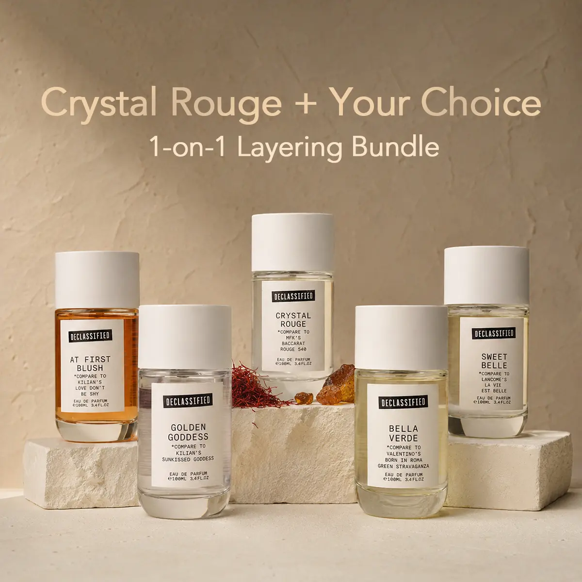 Declassified Crystal Rouge 2-Piece Layering Perfume Set | Saffron, Plum, Amber, Marshmallow, Blackcurrant, Tiare Flower, Souchong tea lapsang, Jasmine, Vanilla | Feminine Everyday Layering | At First Blush, Sweet Belle, Golden Goddess, Bella Verde