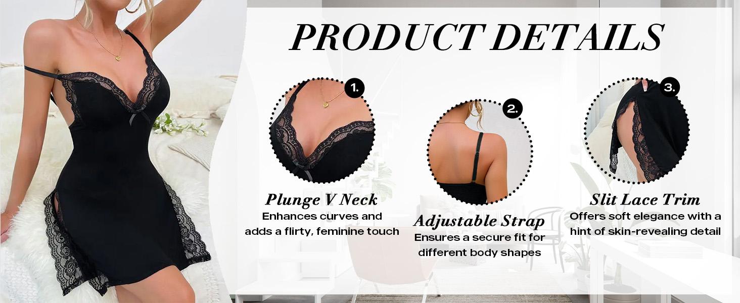 Women's lace-trimmed side-slit modal camisole nightdress, cute women's robe, lightweight lingerie, soft sleepwear