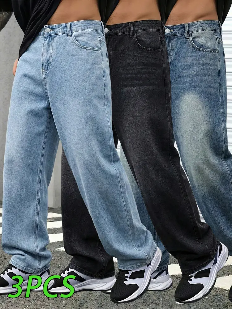 Men’s 3-Pack Casual Straight Leg Loose Fitted-Cut Jeans, Black Washed Finish, Abrasion-Resistant Non-Stretch Denim Pants, Ideal for Everyday Wear,clothes for back to school,first day of school outfits