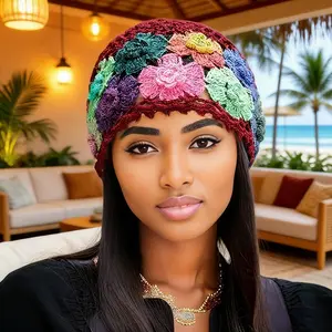 New Spring/Summer Handmade Crocheted Knitted Cap with Hollowed-out Design, Multi-colored Ethnic Style, Bohemian Artistic Style, Colorful Floral Hollowed-out Headband, Knitted Wool Cap, Squirrel Cap