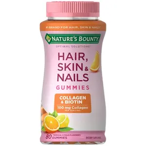 Trusted Nature's Bounty Optimal Solutions Hair, Skin & Nails with Biotin and Collagen, Citrus-Flavored Gummies Vitamin Supplement, 2500 mcg, 80 Ct, 40 Total Servings