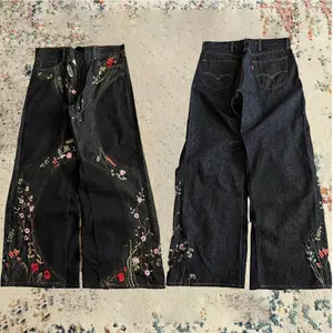 Y2KBaggyJeansvintagesplicingFloralSeamsEmbroideryStreamlinedJeans2000sHarajukugothmenwomenHipHopwidelegjeans