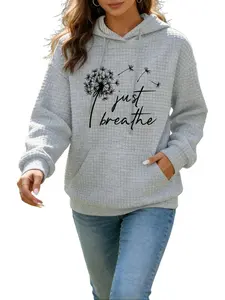 Women's Waffle Texture Hoodie Featuring Dandelion & "Just Breathe" Lettering – Casual Long Sleeve Drawstring Hooded Sweatshirt with Front Pocket, Soft Relaxed Fit for Comfort, Perfect for Fall Winter Daily Outings and Loungewear