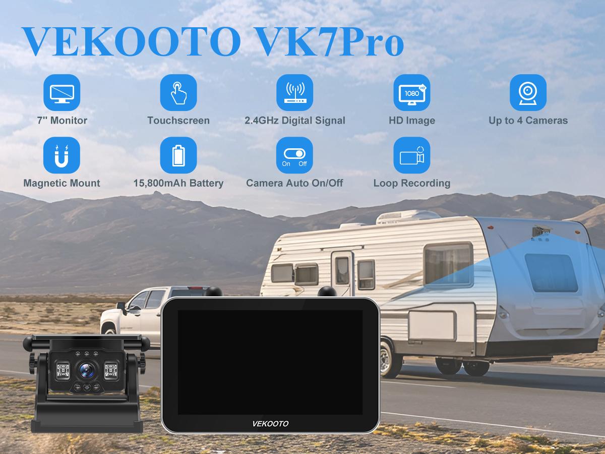 VEKOOTO VK7Pro Magnetic Solar Wireless Backup Camera 7'' IPS Touchscreen HD1080P No Wiring Rechargeable for RV Trailer Camper Car Blind Spot Truck Automotive Backup Camera Easy Install No Tools Needed