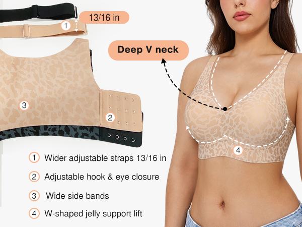 Popilush Wireless No Underwire Leopard Print Jelly Bra Everyday Comfort Push Up Seamless T-Shirt Bra with Minimizer & Adjustable Straps Fit Minimalist Fabric Womenswear Soft Fit Smooth Yarn Basic Lady Underwear