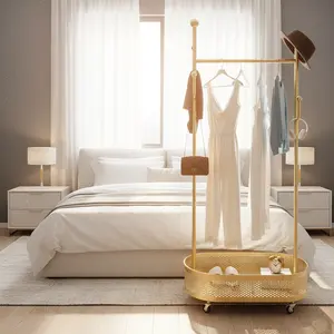 Freestanding Coat Rack with Wheels and Bottom Storage, Metal Garment Rack for Home