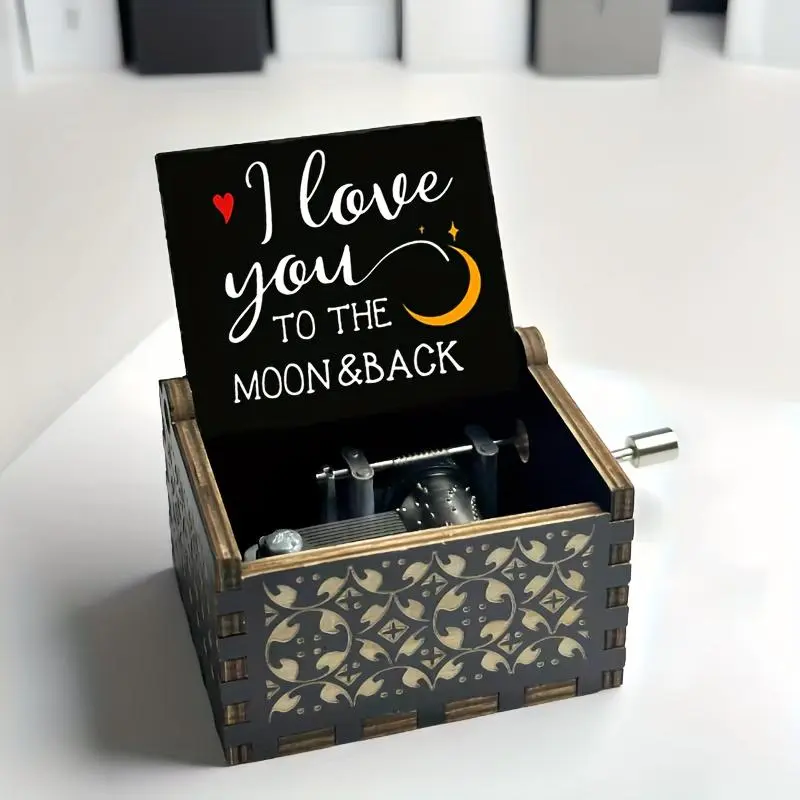 Wooden Music Box, 1 Count Vintage Wooden Music Box with Handle, Creative Music Box for Birthday Gift, Home Decorating Supplies, Living Room Bedroom Ornaments, Moon, Romantic, Decorations Supplies, Decoration Items