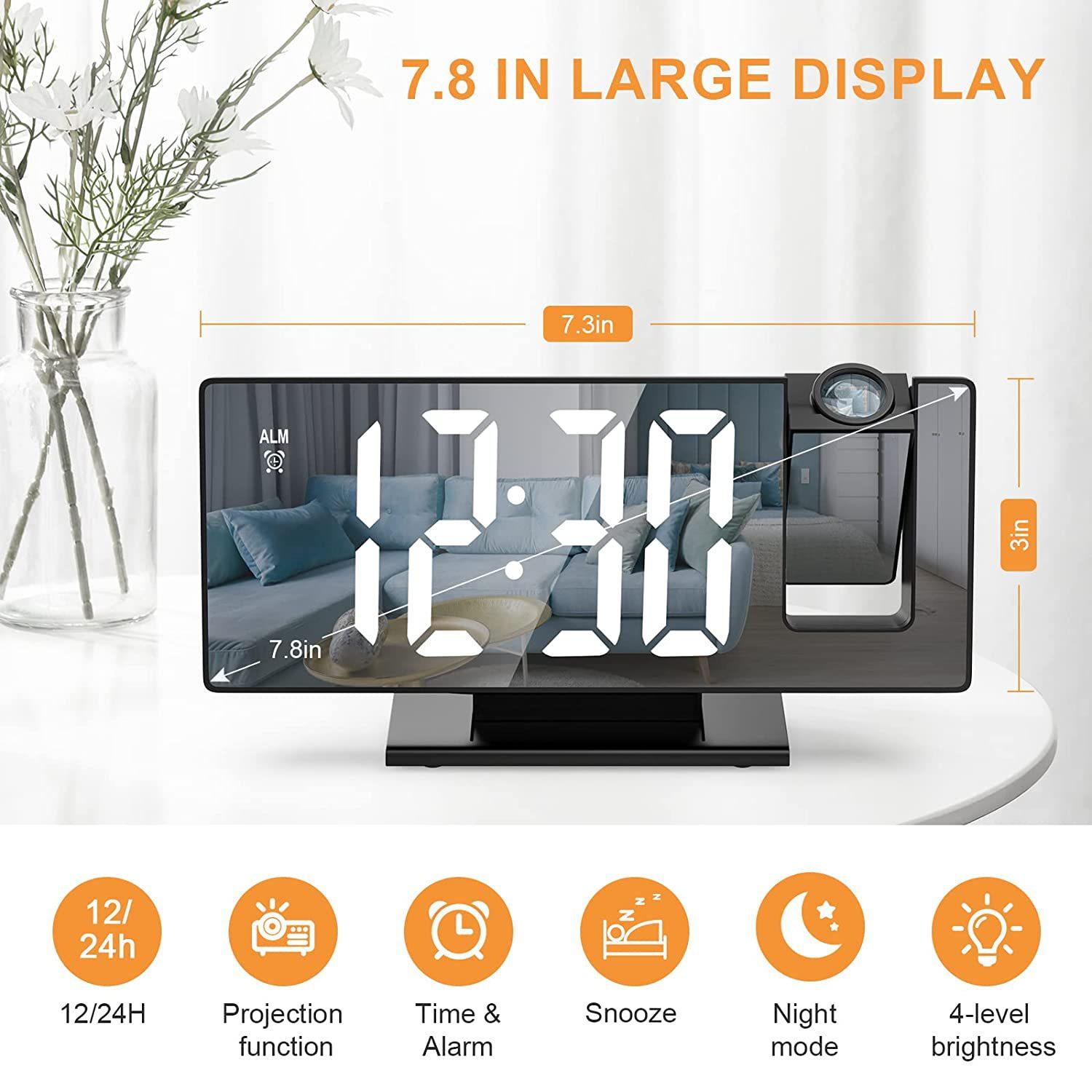 LED Digital Projection Alarm Clock 7.8" Large Display 180° Rotatable Projector Date Week Display Adjustable Brightness Sleep Mode Voice Control 12/24H Time Format detail 5
