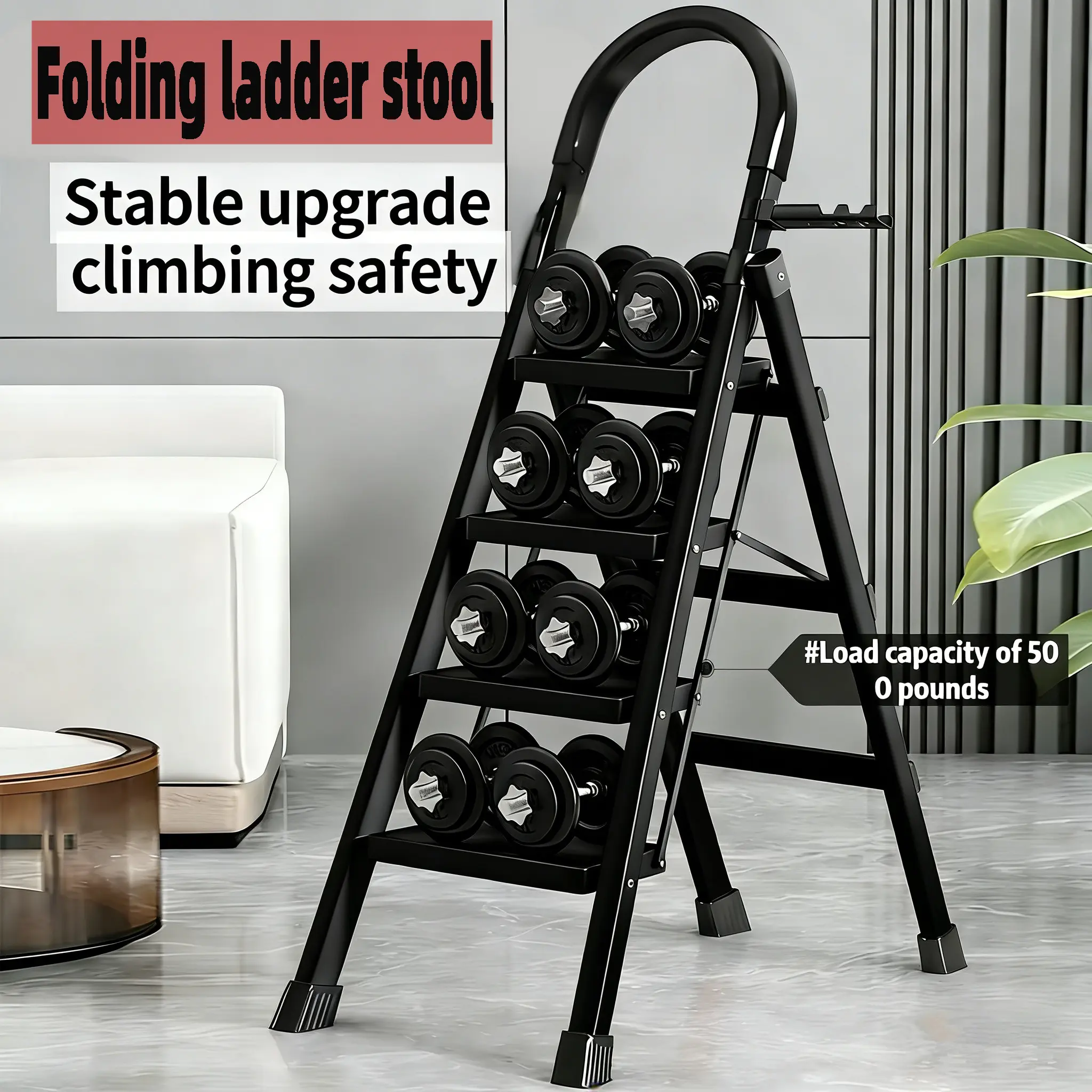 1 Black Heavy-Duty 4-Step Portable Folding Ladder, 500 lbs Load Capacity, Durable Metal Folding Ladder with Anti-Slip Pedals, Handrails, Safety Locking Clips, Lightweight and Easy to Carry, Suitable for Various Household and Industrial Applications.