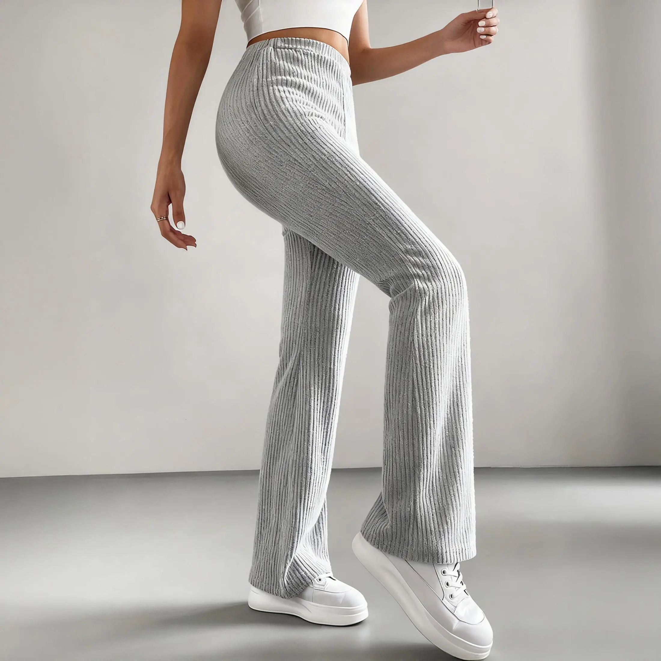 Women's Trousers Daily Wear Ribbed Knit Flare Pants High Waist Stretchy Trousers