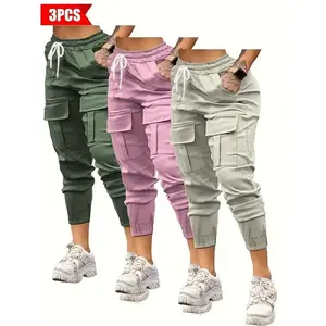 3-piece set of women's casual work pants - solid color, polyester fiber, non elastic, sporty style, with pockets, suitable for adults