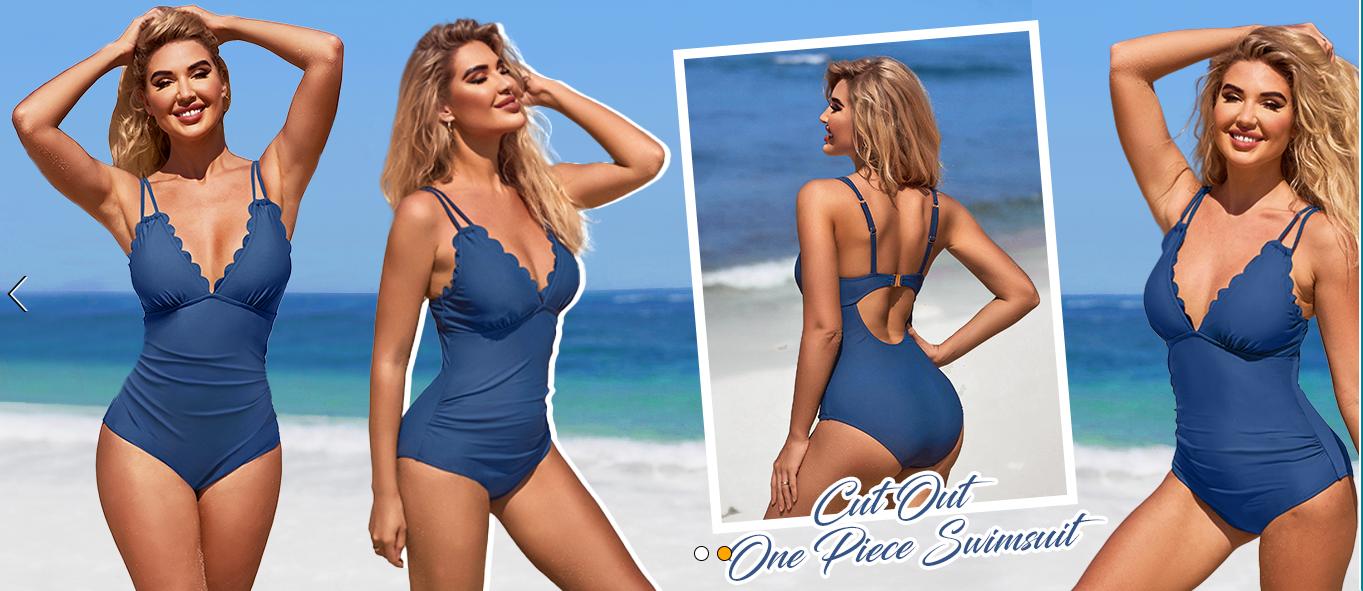 Charmo Beach Scalloped One Piece Swimsuit Women 1 Piece Ruched Tummy Control Bathing Suit V Neck Cut Out Monokini Swimwear Women's One-Piece Women's Ribbed Charmo Beach Scalloped One Piece Swimsuit Women 1 Piece Ruched Tummy Control Bathing Suit V Neck Cut Out Monokini Swimwear Women's One-Piece Women's Ribbed