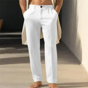 Men's linen solid color fashion diagonal pocket breathable straight casual trousers