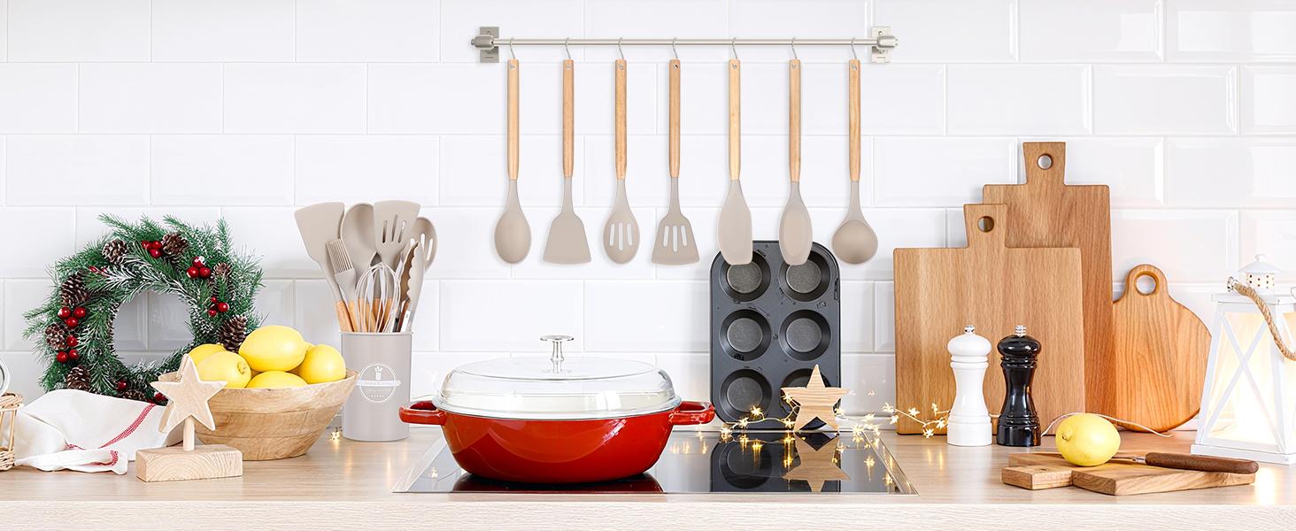 【Holiday Deals】12 Pcs Kitchen Utensils Set, 446°F Heat Resistant Silicone Cooking Utensils Set, Non-Toxic Wooden Utensil Set, Kitchen Gadgets Tools Set for Nonstick Cookware, Kitchen Accessories, Khaki