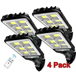 A set of four solar outdoor lights with remote control and motion detection, perfect for protecting gardens, garages, courtyards, backyards, terraces, and patios.