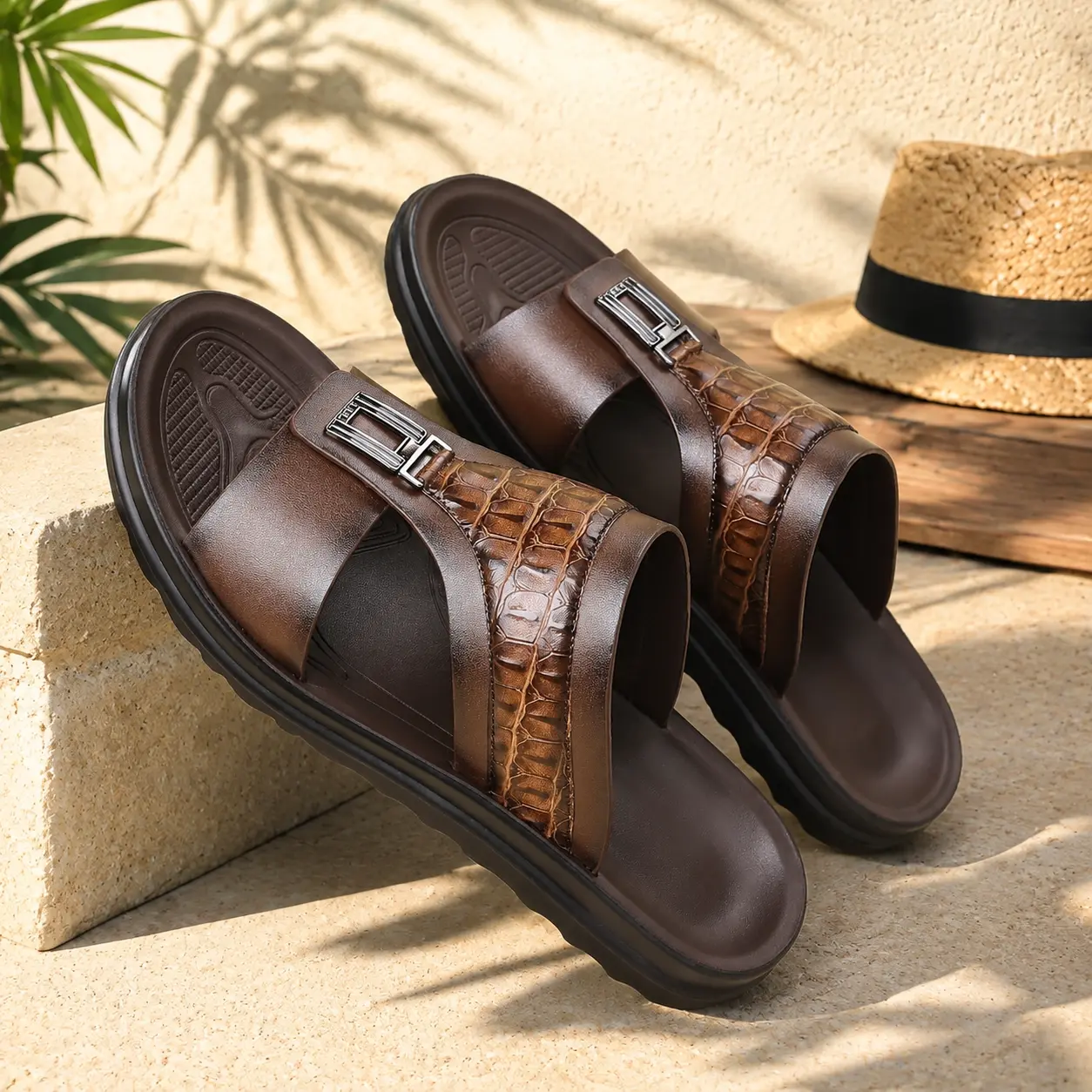 Men's Orthopedic Slip-On Sandals - PU Leather, Minimalist Design, Arch Support, Cushioned Sole for Casual Beach & Walking Use, Men's Shoes, Casual Beach Shoes, Soft Sandals,shoes for back to school,back to school shoes