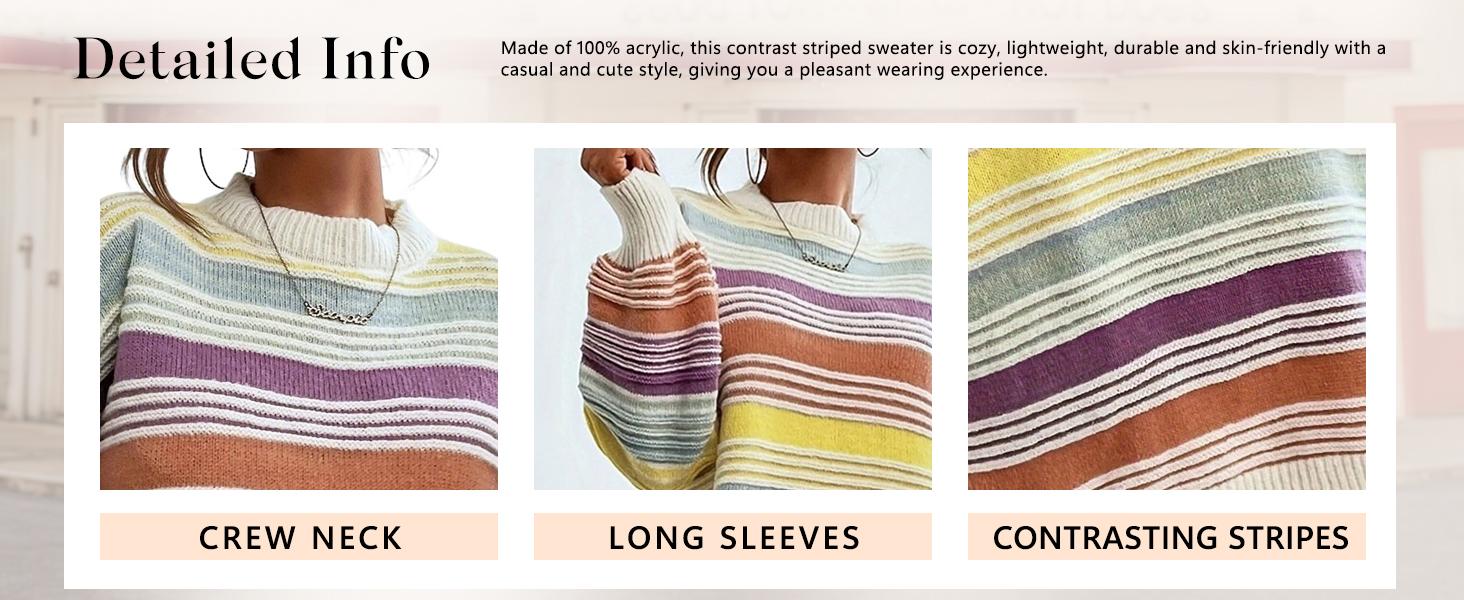 UTCOCO Women's Oversized Rainbow Contrast Striped Long Sleeve Soft Bold Stylish Non-Customized Knit Pullover Sweater, 2026 Fall Winter Casual Tops, Soft Women's Pullovers