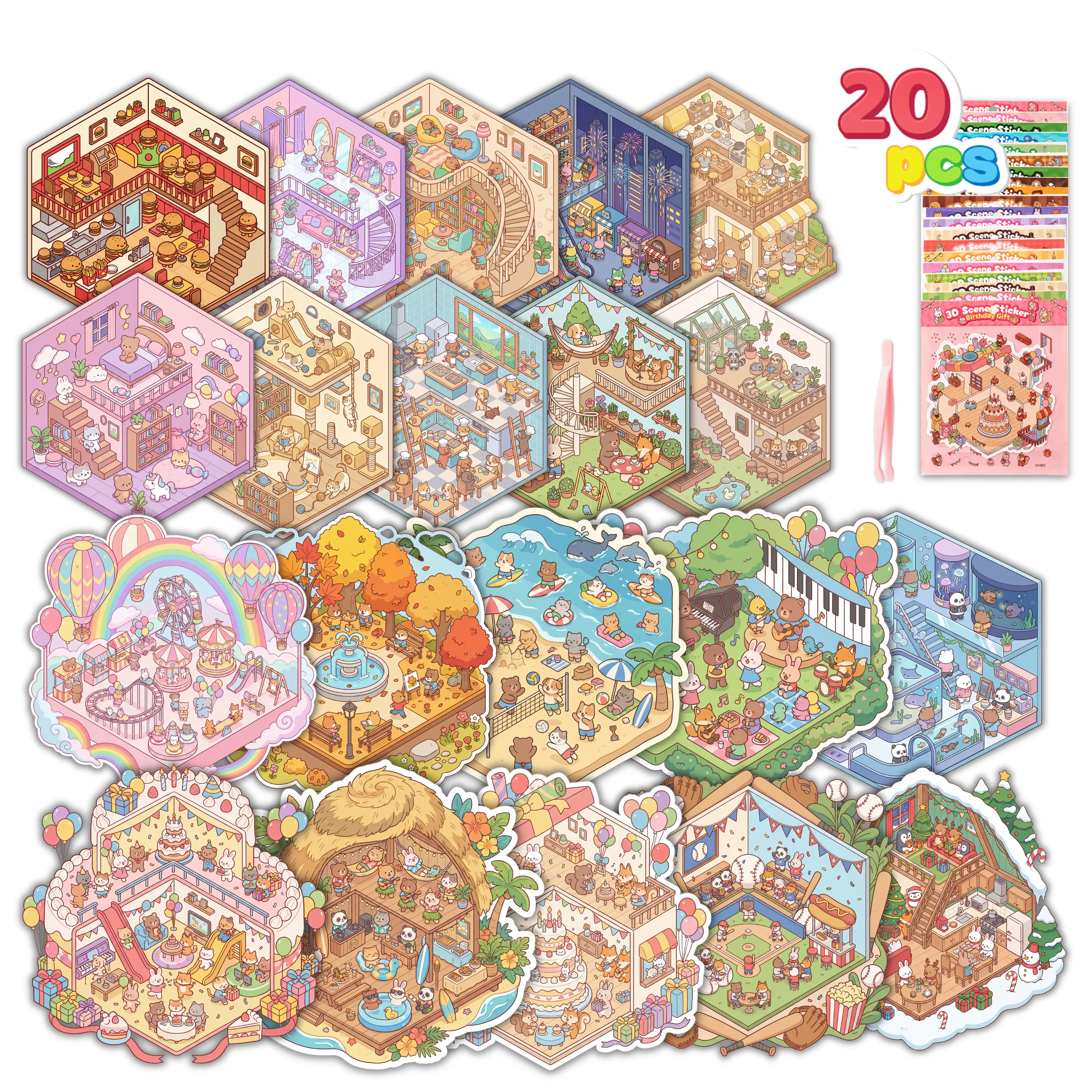 JOYIN 20Pcs 3D Sticker Scene, Stickers for kids, Anxiety & Stress Relief Toys for Kids and Adults, Great DIY Experience, Birthday Gifts & Party Favors, Carnival Prizes for Boys and Girls, Classroom Rewards