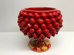 Half Pinecone Pot Holder Caltagirone Ceramic cm H.20 L.20 Artisan Red Base Decorated Lily