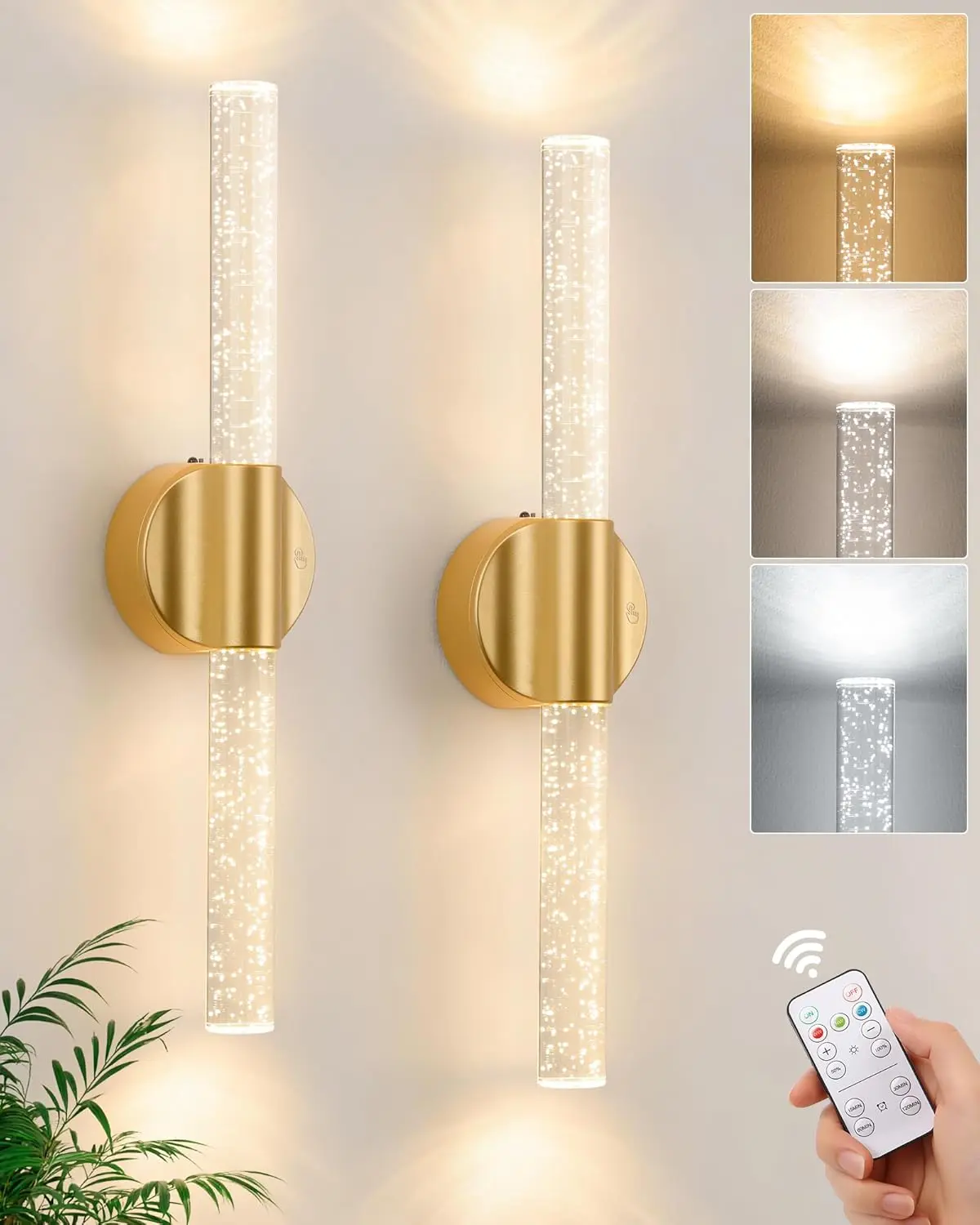 MATULSA 2pcs Set Gold Battery Operated Wall Sconces, Rechargeable Magnetic Linear Wall Lights for Bedroom, Wireless Sconces with Remote&Touch Control, 3CCT&Dimmable Wall Lamp for Living Room