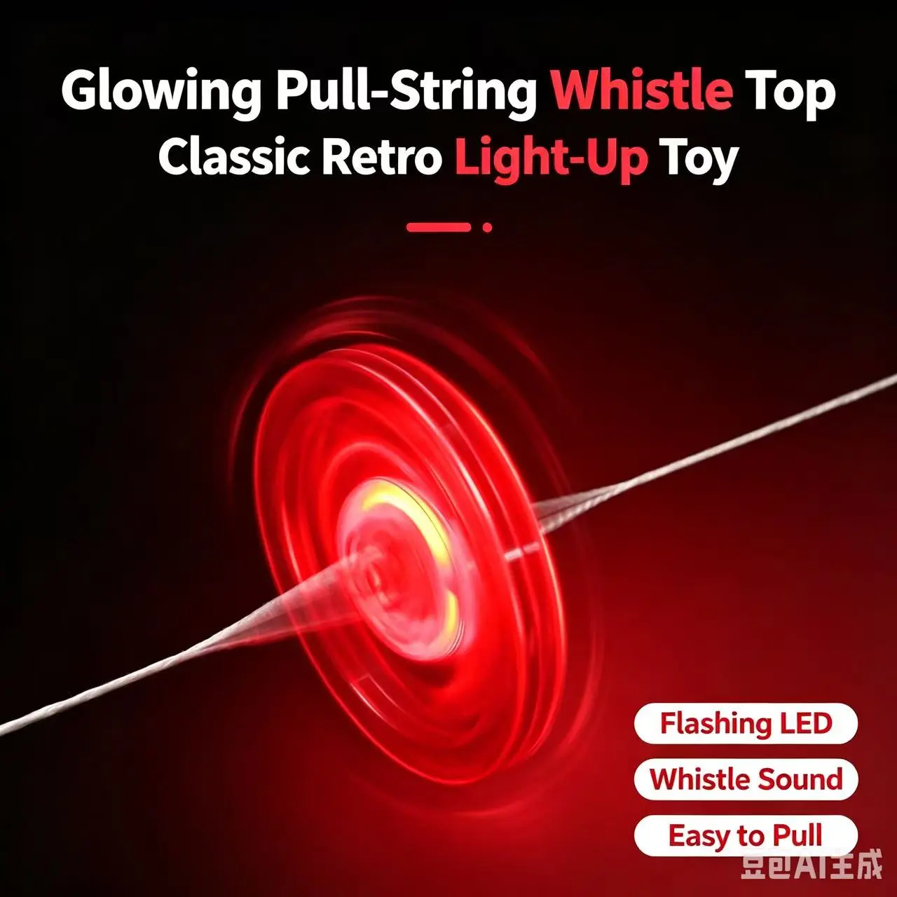 Retro 3-Piece Pull-String LED Flashing Spinning Top Toy Set - Lightweight Plastic, Glowing Whistle Gyro, Classic Stress Relief Toy for 4+ Kids
