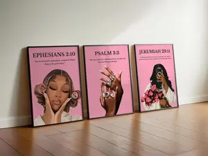 Pink Scripture Wall Art; Bible Verse Poster Unframed , Black Woman Art ( Set 3)