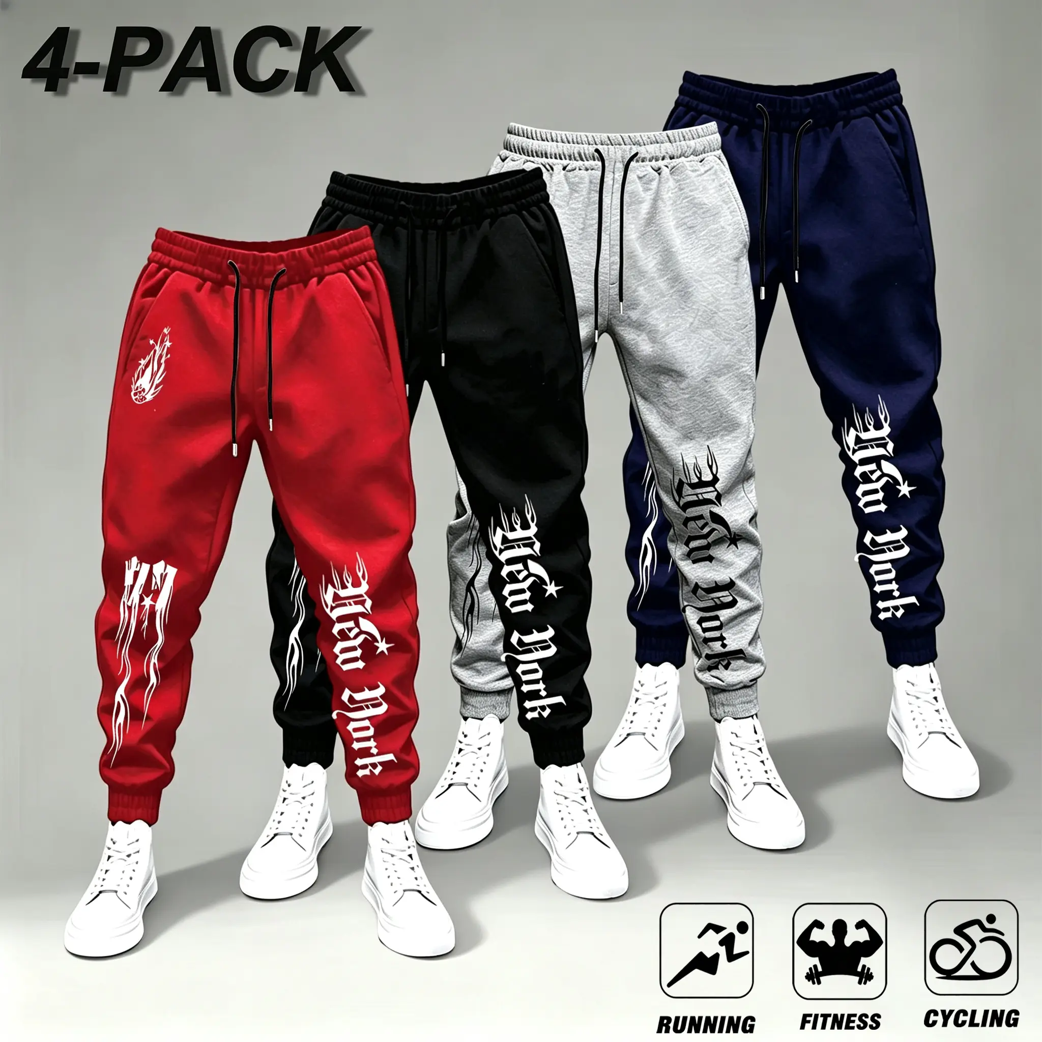 4-Pack New York Brand Sweatpants for Running Fitness & Cycling in Red Black Gray & Navy Colors,men gothic graphic joggers，hip hop streetwear sweatpants，new york print jogger pants,elastic drawstring casual joggers,men street style cuffed sweatpants