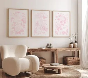 Pink Floral Wall Art Set of 3 Posters, Soft Botanical Flower, Minimalist Pastel Wall Decor for Room Aesthetic