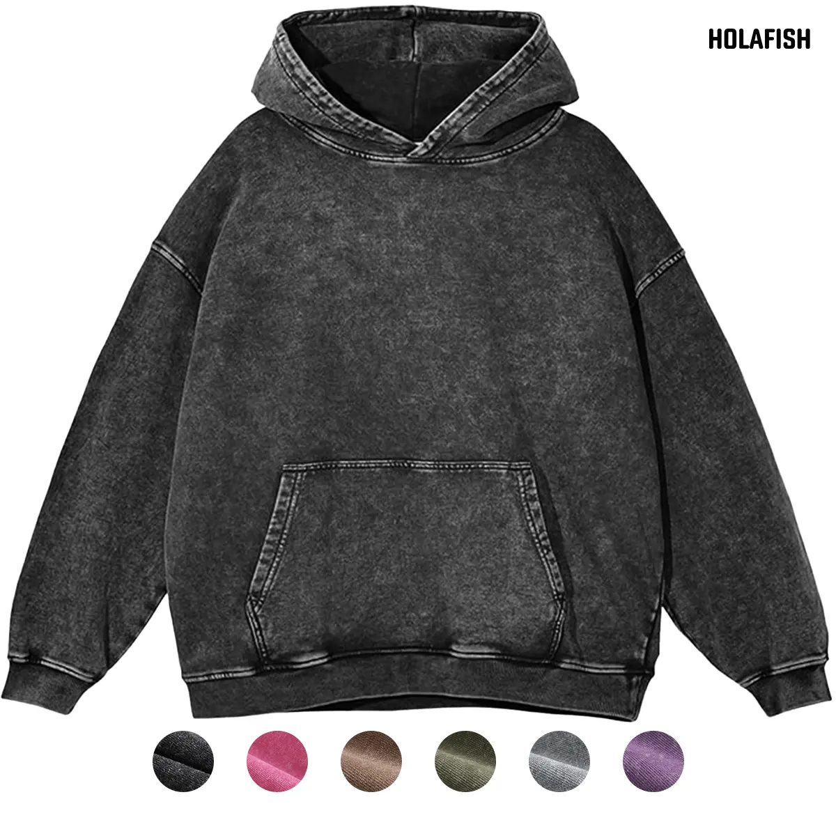Holafish Men's Vintage Acid Wash Cotton Fleece Oversized Unisex Hoodie - Long Sleeve, Soft Stretch, Kangaroo Pocket, Ribbed Cuffs & Hem, Preppy Casual Pullover, Fall Street Style, New Year, Hooded Neck, Do Not Dry Clean, Expandable, Tops, Longsleeves, Sty