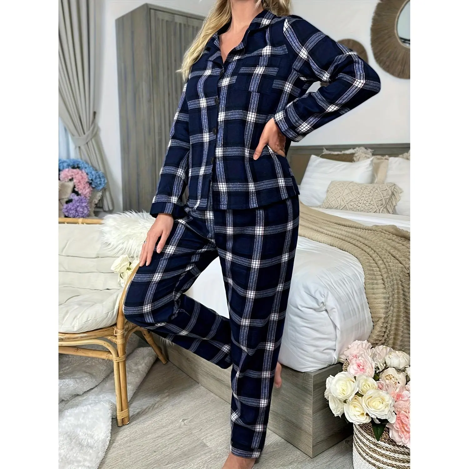 Women's Long Sleeve Plaid Pajama Set with Pants - Cozy Autumn Winter Loungewear