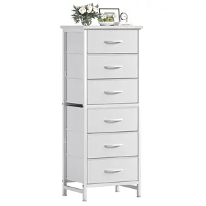 6-Drawer Tall Dresser with Fabric Bins & Wood Top | Metal Frame Storage Tower for Bedroom, Closet, Living Room as Nightstand or Chest