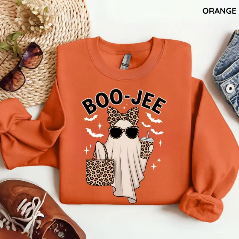Boo-Jee Ghost Sweatshirt, Leopard Ghost Graphic Crewneck, Funny Fall Halloween Pullover, Cute Ghost Coffee Sweater, Girly Spooky Season Gift, Cozy Women’s Halloween Top, Women's Long Sleeve Sweater