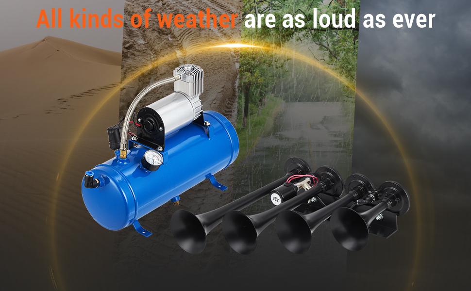 【GARVEE】4 Trumpets Train Horns Kit with 150DB Sound, Available with 1 or 1.6 Gallon Tank, 120-150 PSI Air Compressor, 12V Power for Trucks, Cars, Motorcycles, SUVs, RVs, Vans, Boats, and More