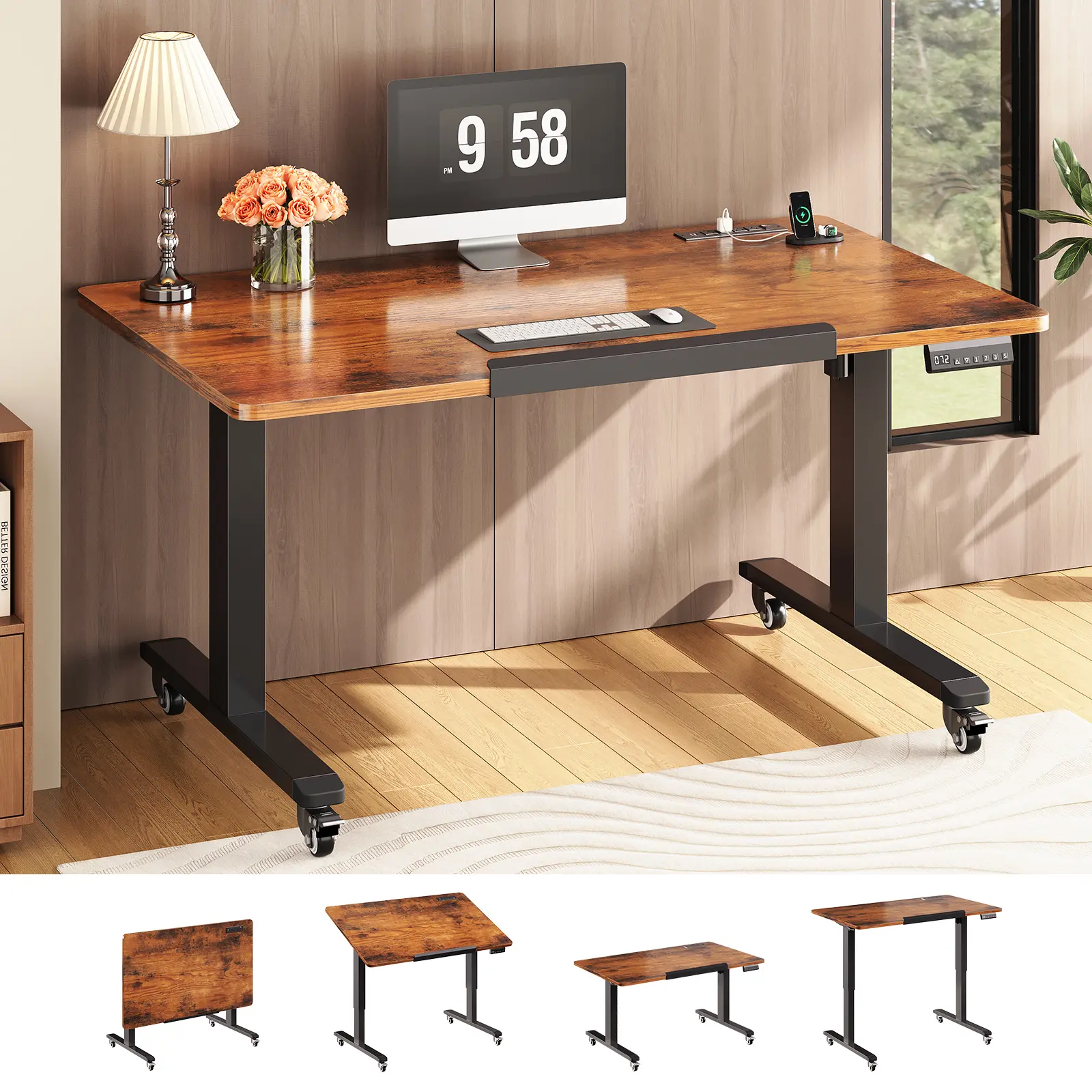 Sedeta 47-Inch Foldable Electric Standing Desk - Modern Wood Home Office Furniture with Height-Adjust Function, 180° Tiltable Surface, Memory Preset, Wheeled Legs, Small Space Ergonomic Solution for Gaming, Study Setup (Dorm Rooms Compatible), Modern Wood