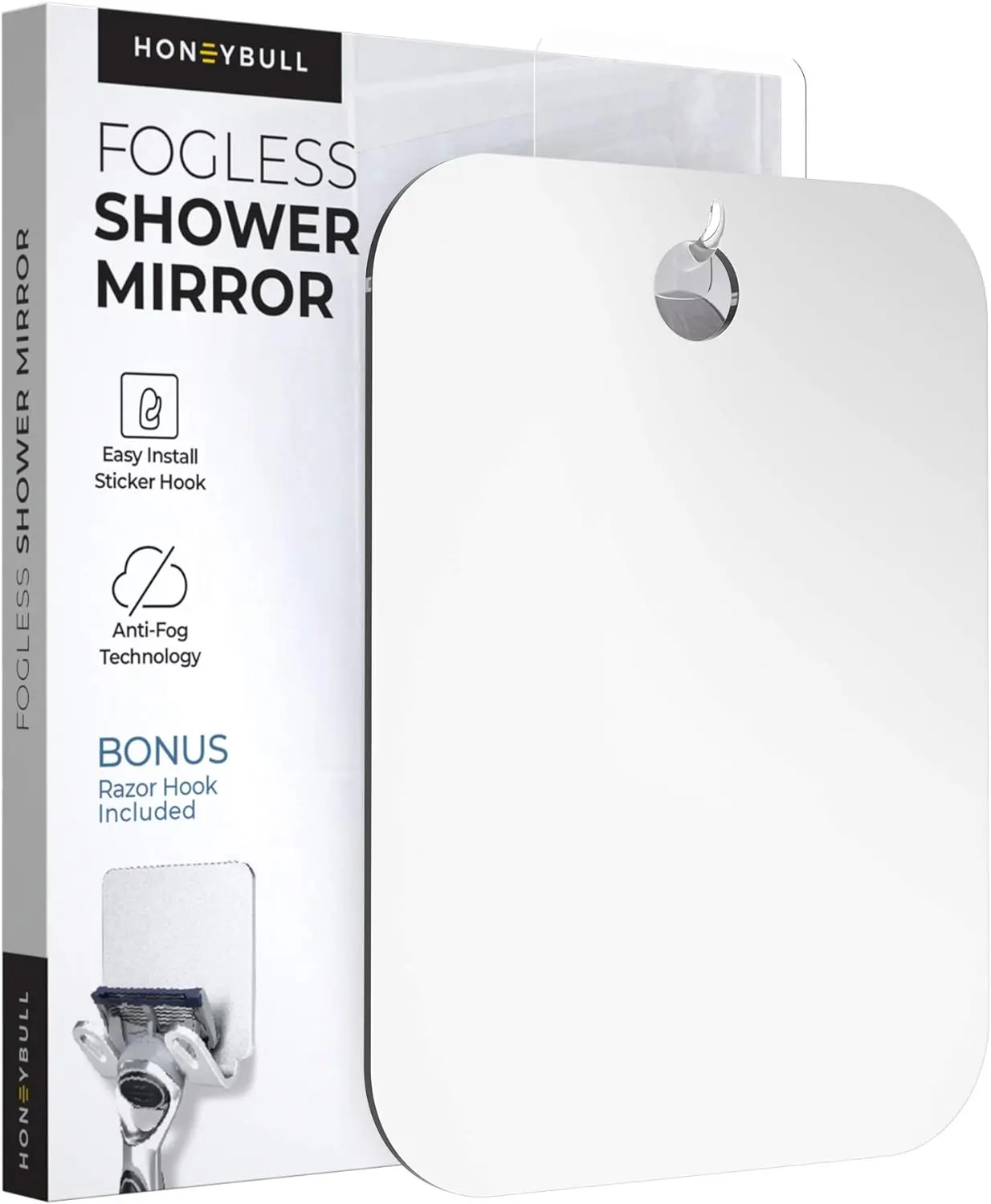 HONEYBULL Shower Mirror Fogless for Shaving & Skincare - Flat Anti Fog Mirror with Razor Holder for Shower, Shower Accessories