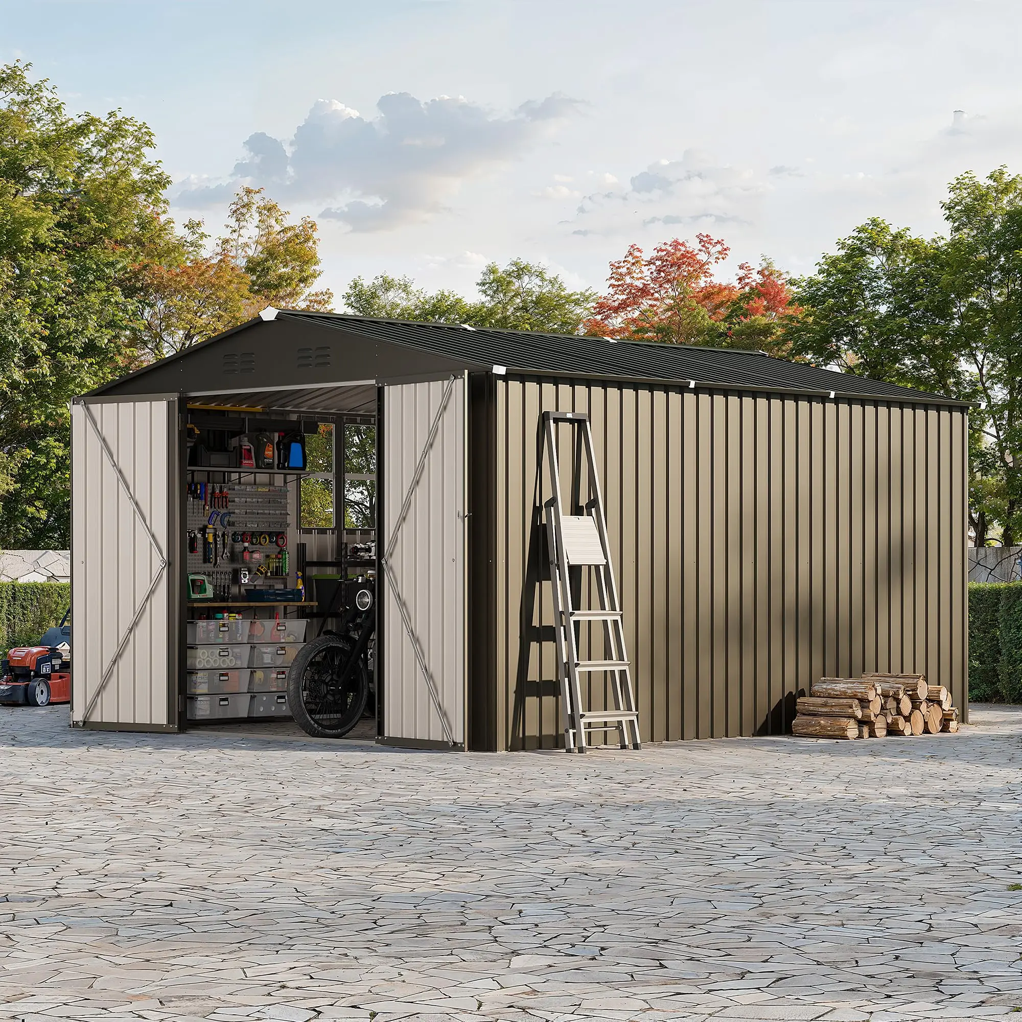 Gaomon 10x12 FT Steel Metal Storage Shed with Steel Construction, Floor Frame, Clear Window and Lockable Doors, Outdoor Utility Tool Storage for Garden, Backyard
