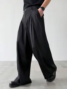 Wide-Leg Pleated Pants with Adjustable Waist Buttons - Minimalist Office & Street Style Drawstring Trousers Drawstring Loose Fit