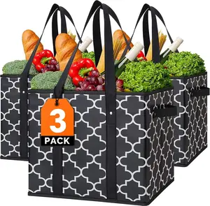 Reusable Grocery Bags 3-Pack Foldable Washable Large Storage Bins Basket Water Resistant Shopping Tote Bag Black