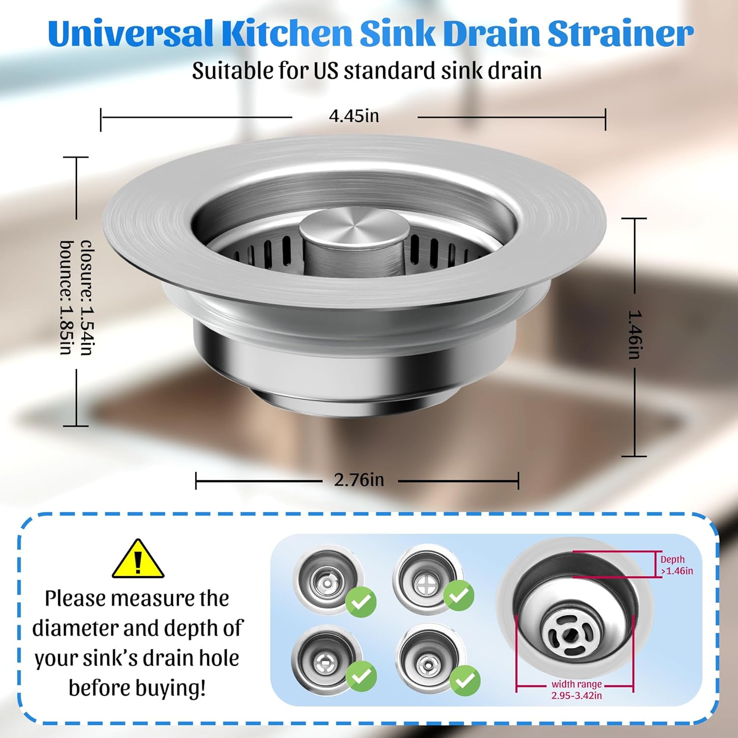 3 in 1 Kitchen Sink Drain Strainer, 304 Stainless Steel Pop Up Sink Stopper, Anti-Clogging Basket Odor Filter Sink Drain Cover Plug for US Standard Kitchen Drain 3 in 1 Kitchen Sink Drain Strainer, 304 Stainless Steel Pop Up Sink Stopper, Anti-Clogging Basket Odor Filter Sink Drain Cover Plug for US Standard Kitchen Drain