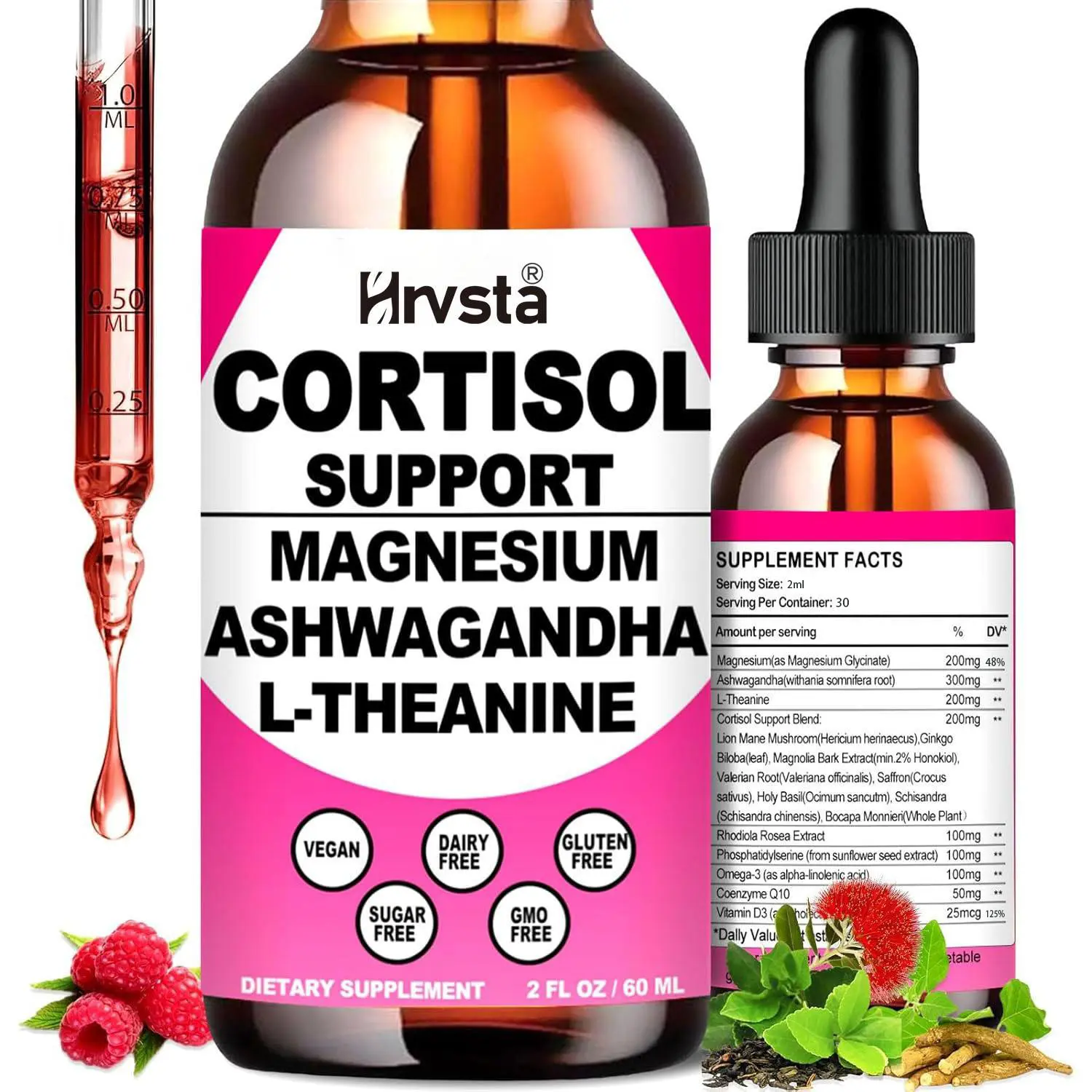 Hrvsta SummerVibes Cortisol Regulation Drops: 17-in-1 Cortisol-Inhibiting Formula (Featuring KSM-66 Ashwagandha, L-Theanine, Rhodiola, Magnesium, and Phosphatidylserine)—Designed Specifically for Women to Balance Hormones and Lower Cortisol